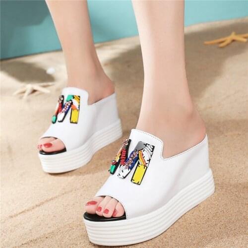 Women Cow Leather Wedges High Heel Slippers Female Open Toe Crystal Gladiator Sandals Platform Pumps Shoes Summer Casual Shoes