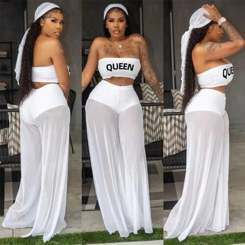 VAZN 2021 Special Backless Letter See Through Sexy Sleeveless Print 2 Piece Set Pencil 2pcs Set Women Top And Pant Summer