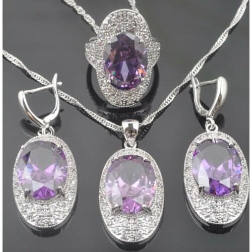 For Women Jewelry Set Earrings and Necklace Sets Silver Color Cubic Zircon Purple Crystal Ring Original Russian Style QZ0299