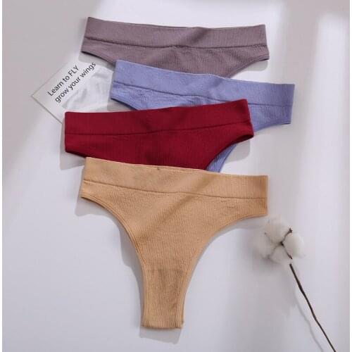 Womens Cotton Underwear Sexy Solid Color Panties Fashion Thread Traceless Briefs Low Waist Seamless G-String Female Lingeie