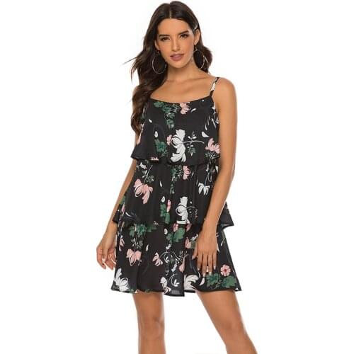 Women Summer Dress Party Chiffon 2021 NEW Sexy Fashion Floral Print Camisole O-Collar Vintage Layered Mini Cake Dress
