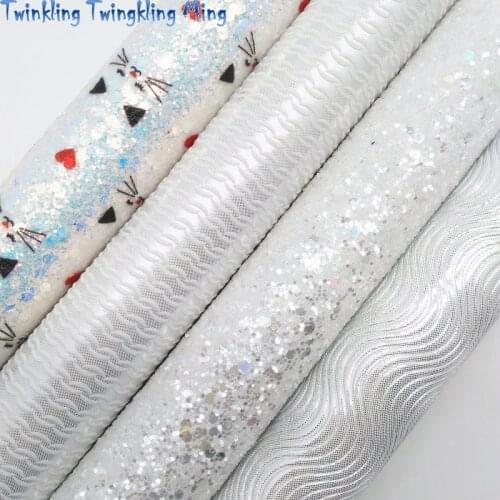Cat Printed White Glitter Leather, Wave Embossed Faux Leather Fabric Faux Leather Fabric For Bows 21x29CM Twinkling Ming KM502