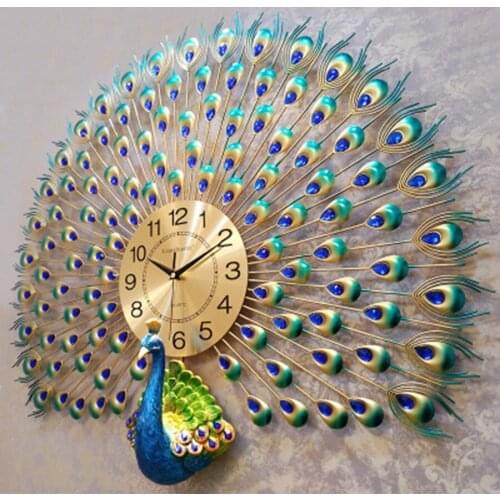 Metal Large Creative Wall Clock Modern Design Luxury Peacock 3d Wall Clock Living Room Farmhouse Wall Clock Home Decorative