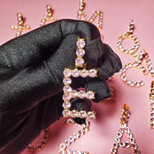 Pink color Single Zircon Letters With Tennise Chain Necklaces & Pendant Alphabet Charm For Women Hip Hop Jewelry Gift