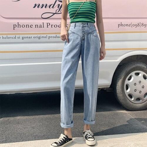 Jeans Womens Straight Straight Loose New Retro Blue Harem Pants Buttons Wild High Waist Solid Color Trousers Female Large Size
