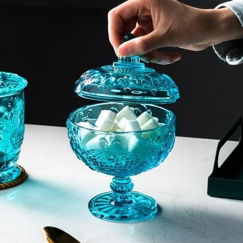 Blue Retro Aroma Candle Jar Storage Box Crown Decorative Crystal Storage Jar with Lid Dessert Ice Cream Cup Glass Storage Jar