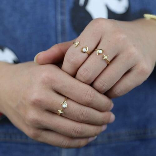 100% 925 Sterling Silver Ring New Stylish Moon Star Finger Jewelry Opal Ring Open Adjustable Fashion Women Wedding Ring Hot Sale