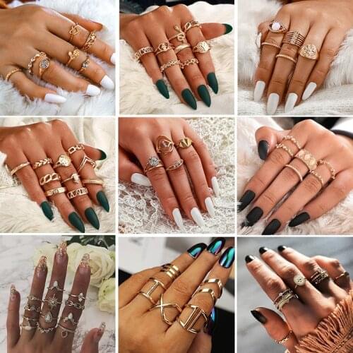 HuaTang Vintage Crystal Gold Color Snake Rings Set Carving Geometric Heart Star Opal Knuckle Rings Women Finger Jewelry Anillos