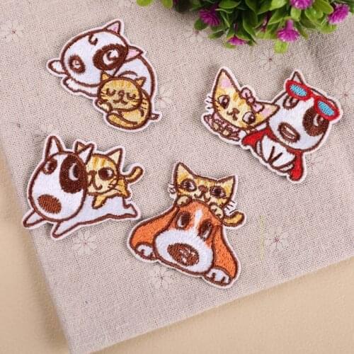 Cartoon Animal Cat and dog combination Patches Embroidery Iron on for Clothes Applique Badge Backpacks Clothing Accessories