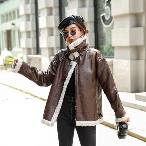 PU Leather Jacket Women High Quality Thick Warm Winter Lambswool Jackets Loose Faux Leather Jacket Lady Fashion Motorcycle Coat