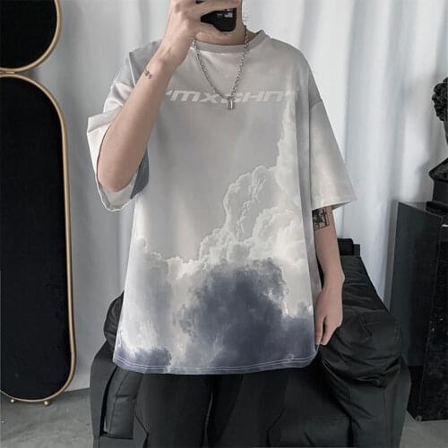 Summer Flow Men and Women Gradient White Cloud Print Short Sleeve Super Fire Country Fashion Brand Loose Hip Hop Shirt Fashion