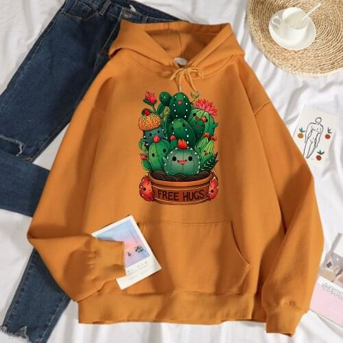 Cute Plant Cactus Free Hugs Print Hooded Womens Casual fur-liner Hoodies hip hop S-XXL Hoodie Autumn High Quality Men Sportswear