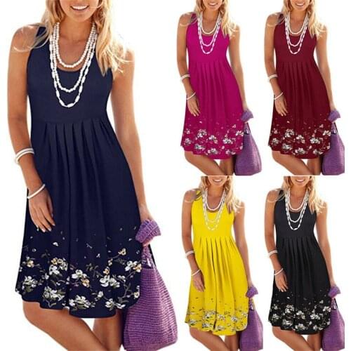 Fashion New Women Summer Bohemian O-Neck Sleeveless A-Line Swing Dress Casual Tunic Plus Size Knee Length Loose Sundress
