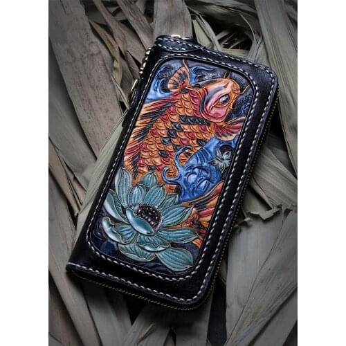 Men Genuine Leather Wallets Carving Copper Lotus Coin Carp Bag Purses Women Long Clutch Vegetable Tanned Leather Wallet