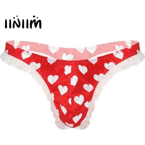 Mens Lingerie Sexy Panties Shiny Satin Low Rise High Cut Ruffle Lace Polka Dots Slip Hommes Bikini Briefs Gay Male Underwear