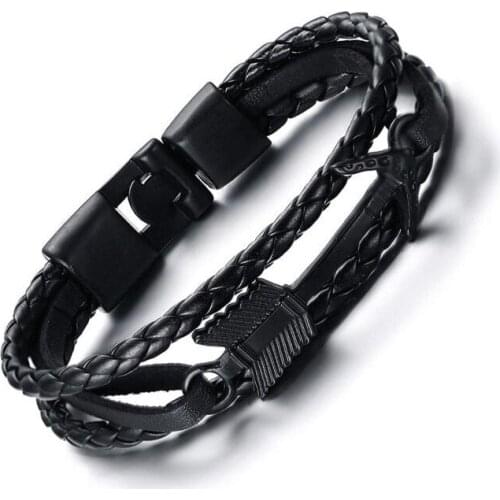 Mens Genuine Braided Leather Arrow Anchor Wrap Bracelet Maritime Nautical Black