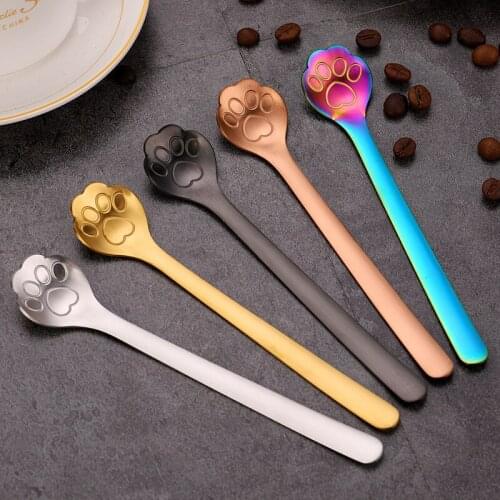 Stainless Steel Coffee Spoons Cute Cat Claw Hollow Spoon Tea Dessert Long Handle Kitchen Tableware Mug Supplies