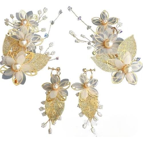The new bridal headdress Korean gold super fairy string Zhusen tie wedding hair accessories earrings set wedding accessories