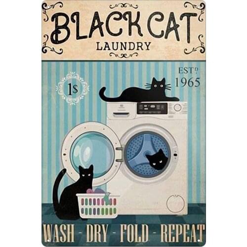 Black Cat Washing Machine Tin Sign Vintage Cat Poster Bar Club Restaurant Kitchen Laundry Room Wall Decoration 12x8 Inches