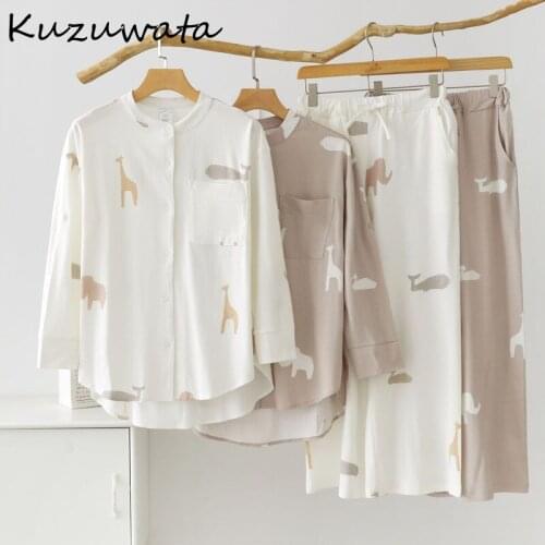 Kuzuwata Japanese Cute Animals Printed Long Sleeve Trousers Pajamas Sets Autumn New Sleepwear Comfort Casual Loose Home Wear
