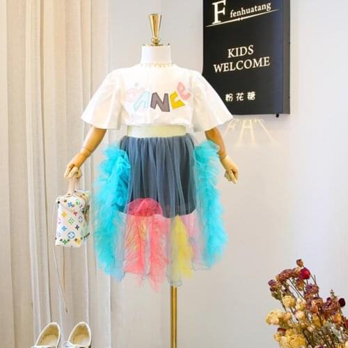 Girls baby short sleeve letter embroidery tops + mesh skirts 2pcs sets children summer new cotton suits kids clothes ws641