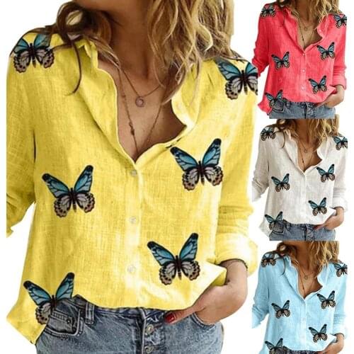 Women Office Shirt Blouse Casual Long Sleeve Butterflies Print Single-breasted Chiffon Womens Slim Clothing Plus Size Tops