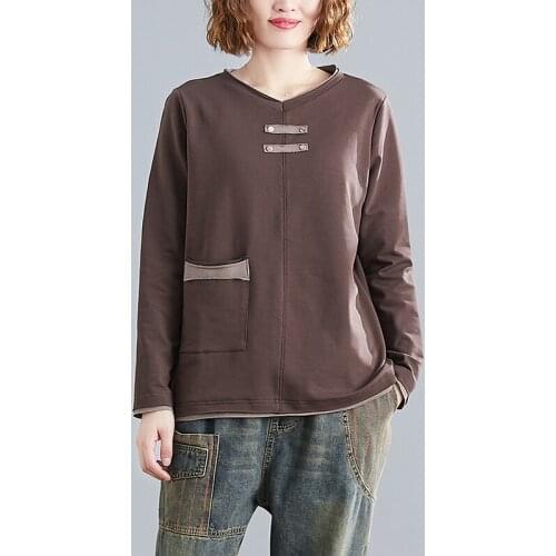 Pocket Patchwork Cotton Women T-shirts 2021 Summer Long-sleeved O-neck Loose Casual Female Outwear Pulls Tops Tees