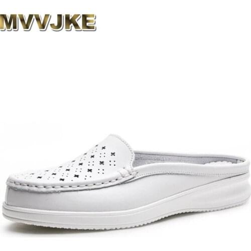 MVVJKE Plus Size 35-41 Women Platform Half Slippers Round Toe Hollow Lady Slides Shoes Genuine Leather White Wedges Sandals Shoe