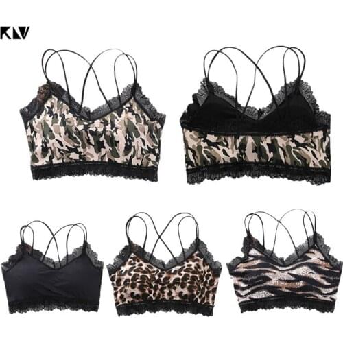 KLV Women Sexy Leopard Camouflage Bralette Ruffles Lace Patchwork Strappy Bandage Underwear Bra Push Up Padded Wireless Lingerie