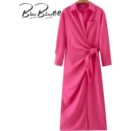 BlingBlingee Hot Pink Maxi Dress Drop Shoulder Patch Pocket High Waist Woman Casual Ankle Length Tie Side Wrap Dress 2021 Summer