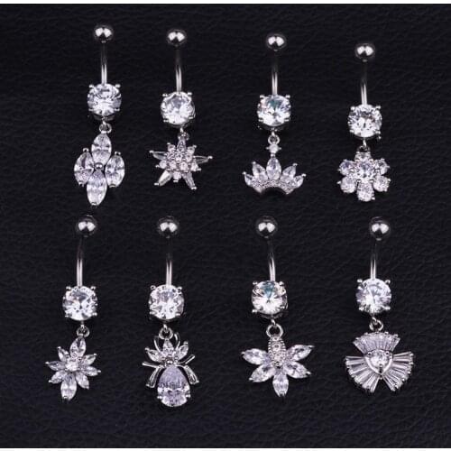 1Pc 316L Surgical Steel Drop Body Jewelry Sexy Cubic Zirconia Flower Crown Dangle Belly Piercing Navel Ring Belly Button Rings
