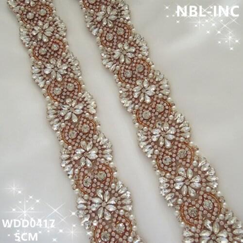 10 YARDS) Wholesale bridal beaded rose gold crystal rhinestone pearl applique trim iron on for wedding dress sash WDD0417