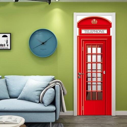Telephone Booth 3D Door Wallpaper DIY Mural Bedroom Decal Wall Stickers Poster PVC Waterproof Imitation Home Decor