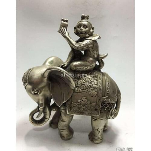 8'' bronze silver-plated carvings home fengshui decor animal monkey on Elephant