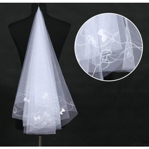 Cheap White or Ivory One Layer Wedding Veil With Bow About 1.5 Meters Embroidered Tulle Bridal Veils For Wedding Dresses