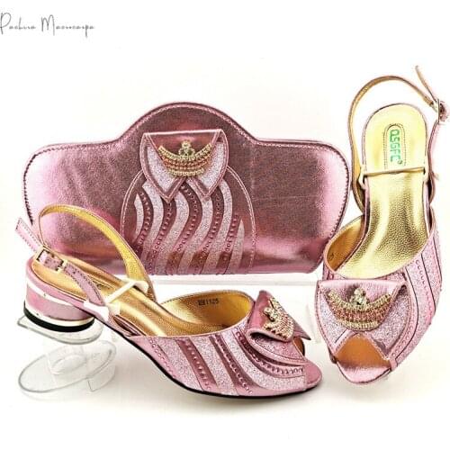 Italian Design 2021 Summe African Party Wedding Mid Heels Ladies Shoes and Bag Set Wirh Rhinestone Decoration in Avocado Color