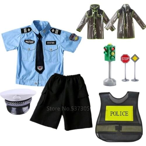 Policeman Costume Kids Cosplay Police Officer Work Uniform Set Halloween Carnival Party Raincoat Suit Traffic Light Toy Gifts