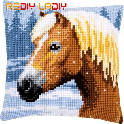 Cross Stitch Cushion Cover Horse & Snow Pillow Case Pre-Printed Canvas Acrylic Thick Yarn Crafts Cross-stitch Needlepoint Kits
