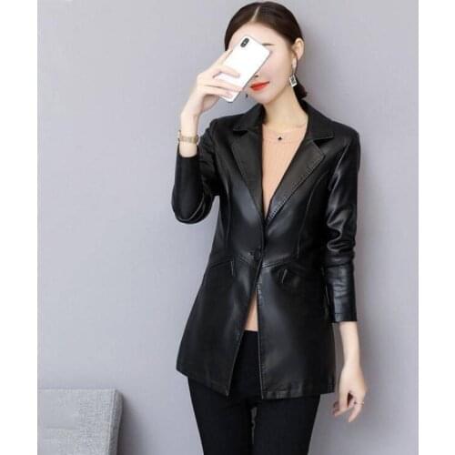 Spring New Genuine Leather Jacket Women Mid-length Korean Slim Fashion Blazer Coat Suit Collar Sheepskin Female Outwear Tops