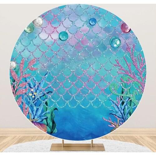 Laeacco Mermaid Fish Birthday Party Coral Shell Customized Round Circle Backgrounds Photographic Backdrop Photocall Photo Studio