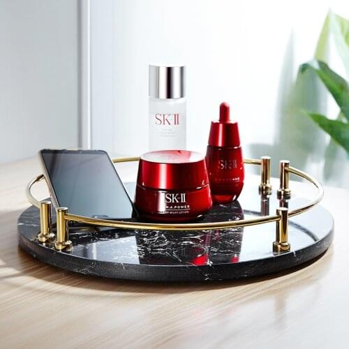 Marble Tea Set Tray Bathroom Cosmetic Shelf Fruit/ Pastry Plate Round/ Rectangle Creative Storage Organization Gold Handle Black