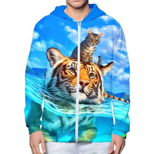 LCFA Brand Hoodie Sea Tiger Cat Animal 3D Printed Mens Zip Up Hoodie Harajuku Streetwear Unisex Casual Tracksuits Large Size 5XL