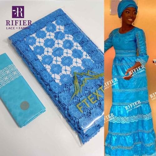 Sky Blue 2.5+2.5 Yards Exclusive African Genuine Swiss Voile Lace With Guipure Dry Lace Ghana Top Grade Bazin Riche Fabric