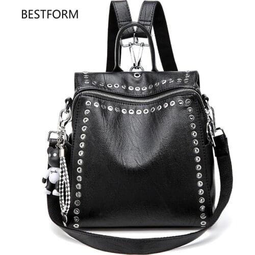 2020 New Women Leather Backpack Rivet School Bags For Teenage Girls Fashion Female Bagpack Schoolbag Black Channels Knapsack