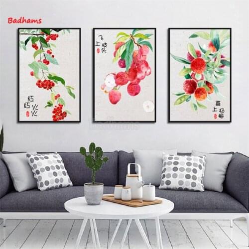 Triptych Canvas Painting New Chinese Style Small Fresh Hand-Painted Fruit Lychee Bayberry Decorative Poster Sofa Background Wall