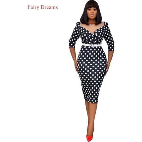 Autumn Lady Clothes Wave Dot Print Sexy Slim-Fit Plus Size African Dresses for Women O Neck OL Commuting Mid-Length Dress
