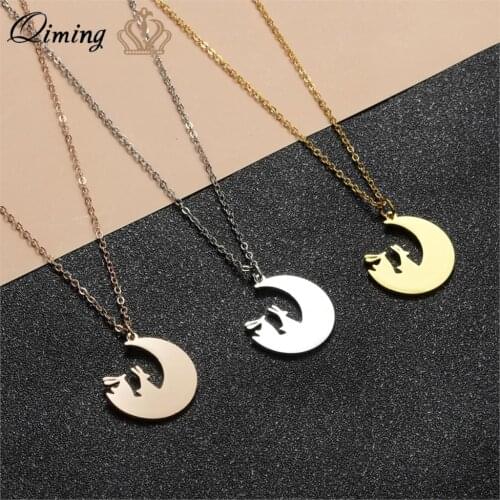 Rabbit On The Moon Silhouette Animal Necklace Women Handmade Crescent Moon Bunny Pendant Necklace Stainless Steel Jewelry
