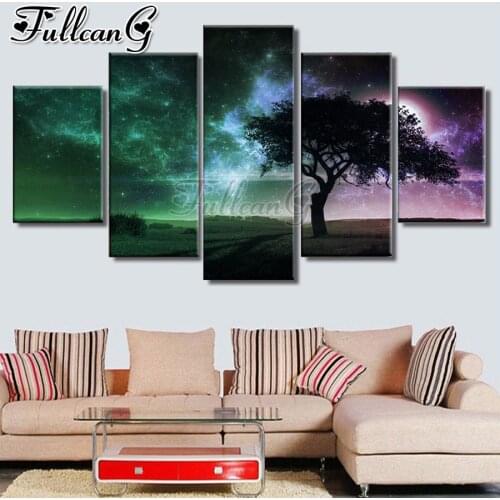 FULLCANG Night tree landscape 5 piece diy diamond painting large full square round mosaic embroidery multi-picture decor FC2821