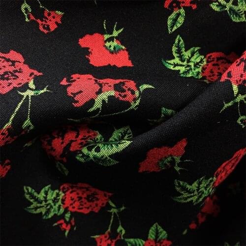 LEO&LIN Heavy Elasticity Cotton Knitted black red flower Elastic Printing Thickening Cotton Color Clothing Skirt Fabric