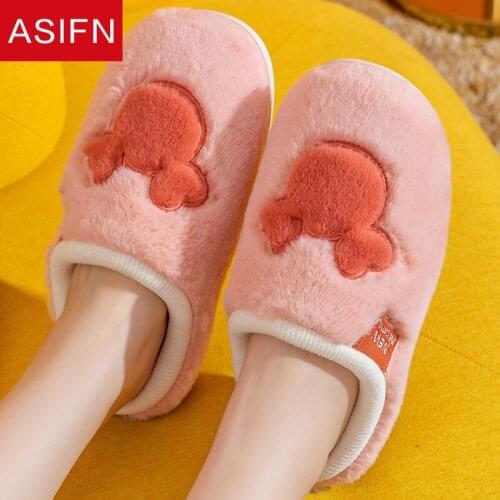 ASIFN Women Men Cute Slippers Winter Cotton Slippers Cartoon Cute Indoor Home Thick-soled Non-slip Mules Couple Plush Fur Shoes